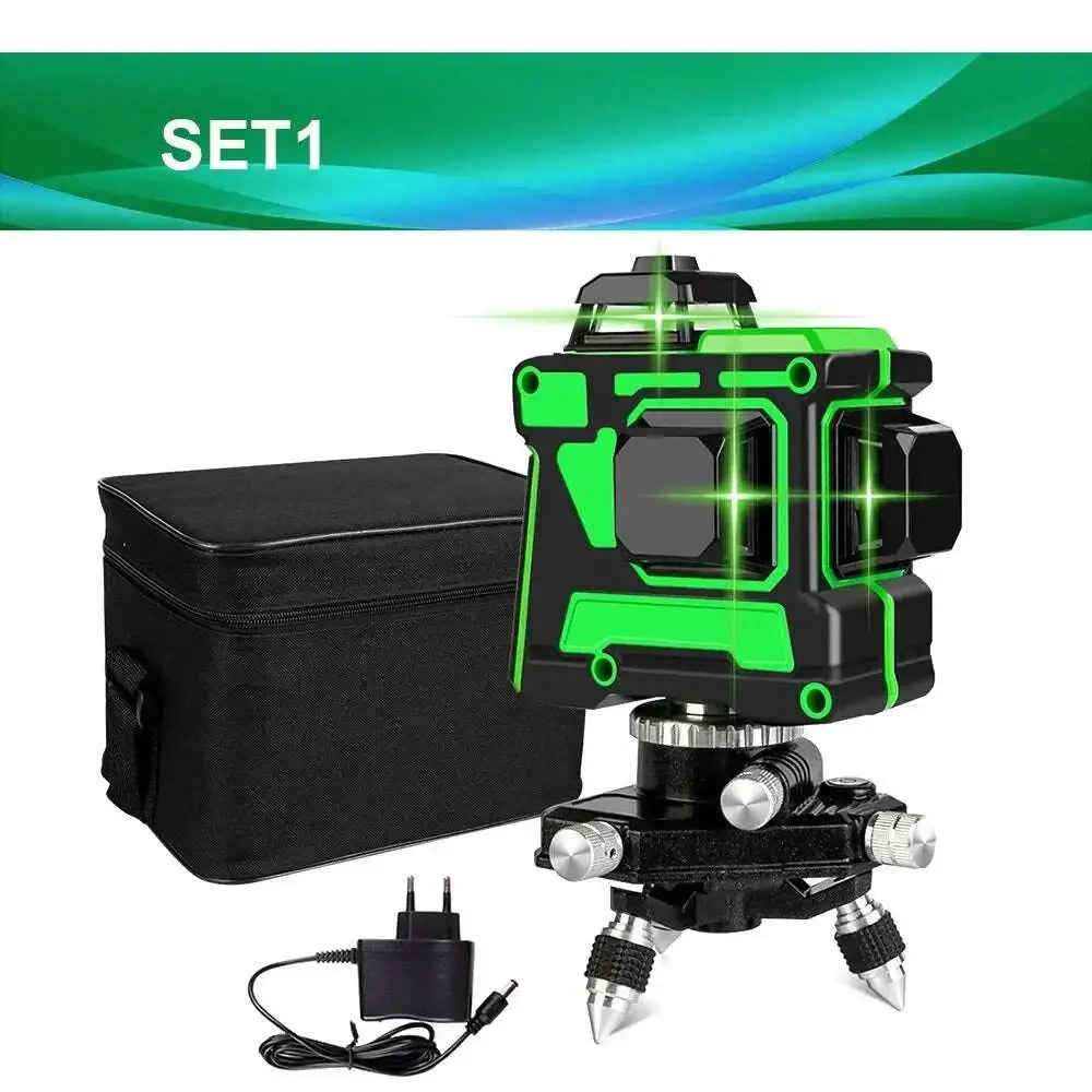 Green laser line level kit with black and green laser line level mounted on tripod base for precise leveling tasks