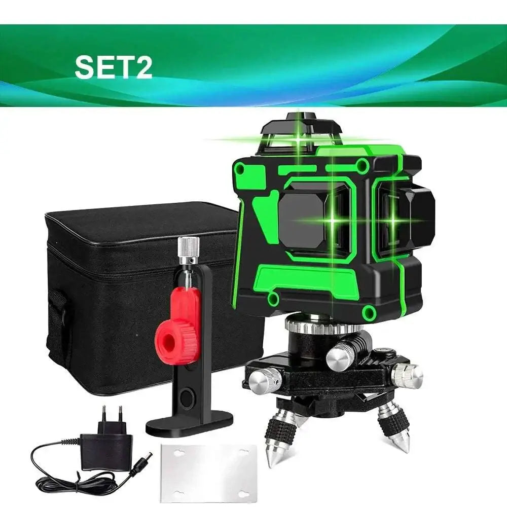 Green laser line level kit with adjustable black tripod base designed for precise leveling and alignment tasks