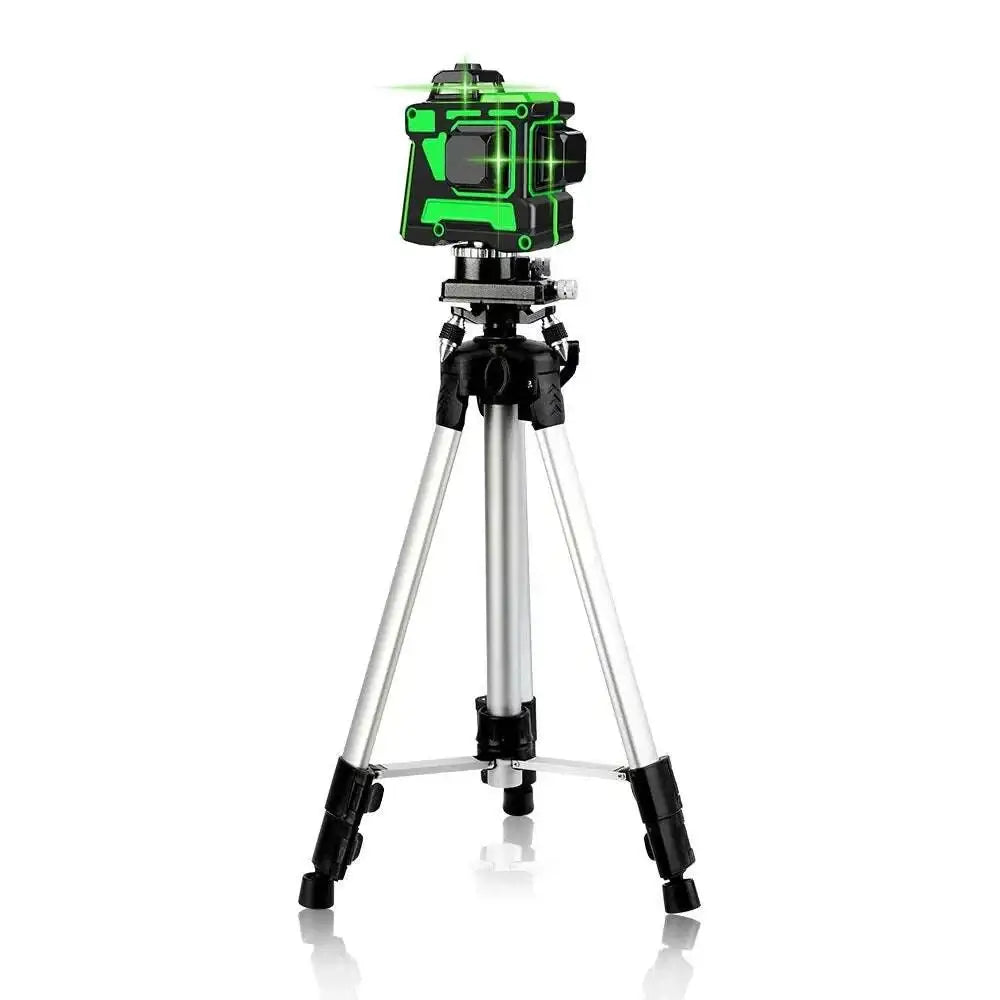 Green laser line level kit with black and green laser mounted on silver tripod with black feet for precise leveling