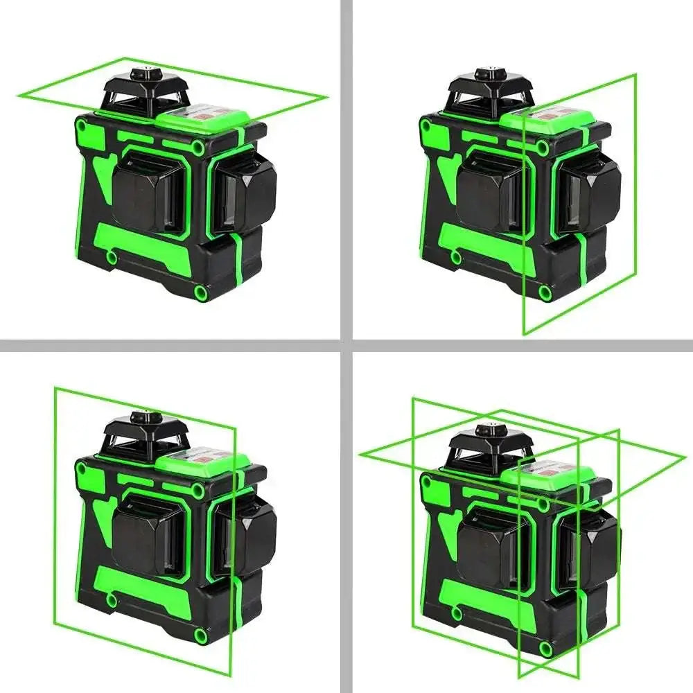 Black and neon green laser line level with compact rugged design in green laser line level kit with tripod and case