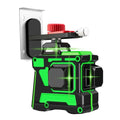Black and neon green laser line level with red and white adjustment knobs mounted on a wall bracket in level kit