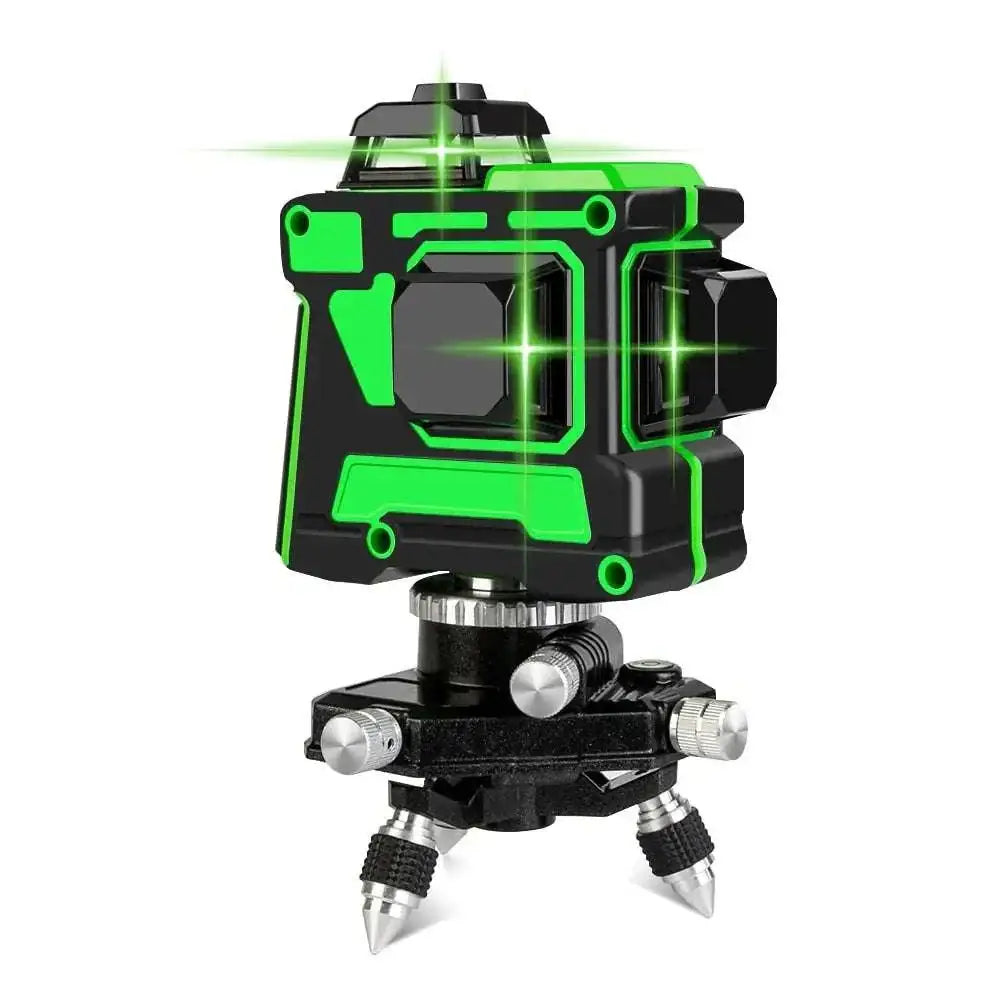 Black and green laser line level with rugged angular design and bright green illuminated lines in a level kit with tripod and case