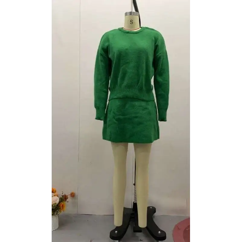 Green long sleeve knit casual sweater skirt set featuring a crew neckline and ribbed cuffs