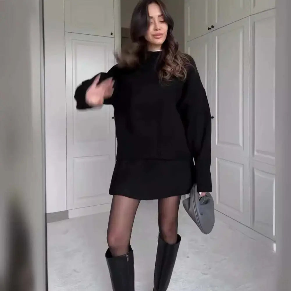 Sweater Skirt Sets For Women 2 Pieces Knit Casual Versatile Long Sleeve Pullover Elegant Solid High Waist Mini Skirt Outfit Button Full Cup Plus Size Bra Without Wi Royalessencelux