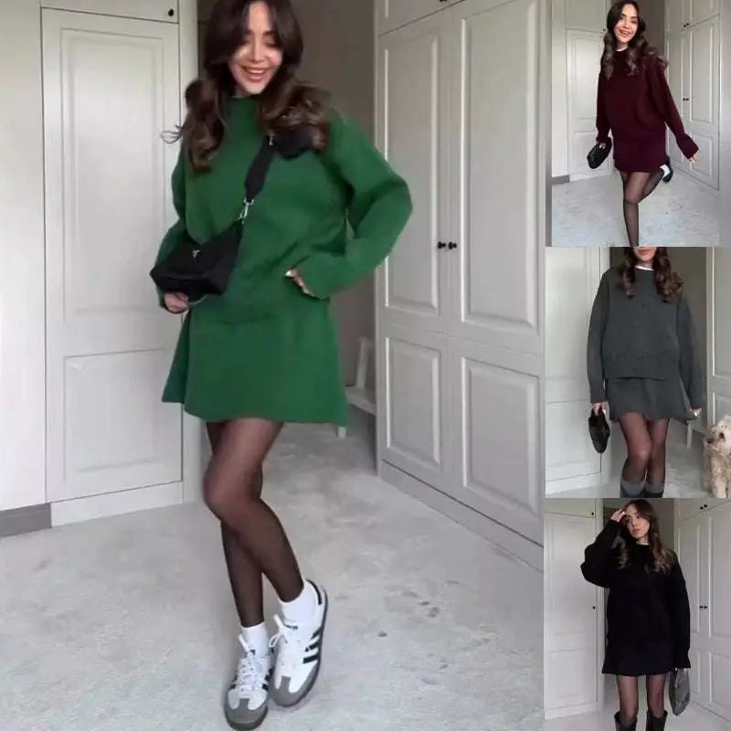 Green long sleeve knit casual sweater skirt set featuring an oversized sweater dress with flared skirt and ribbed cuffs
