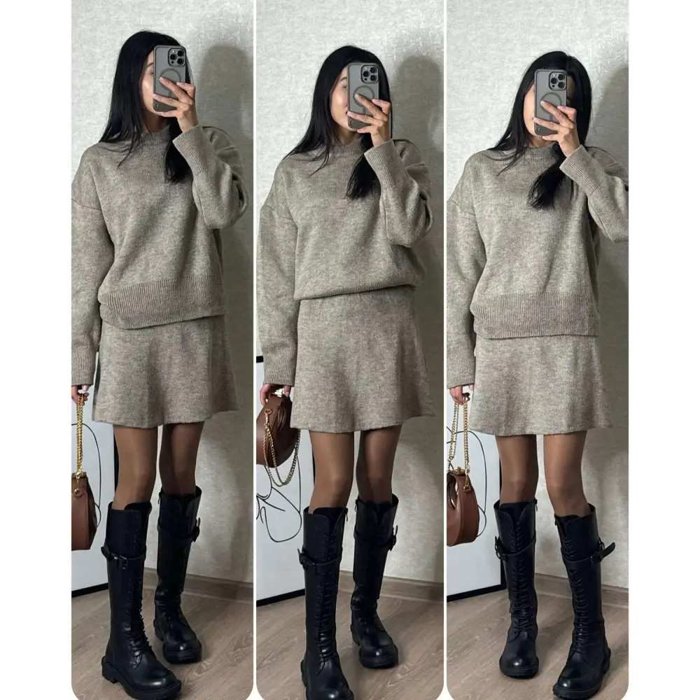 Green long sleeve knit casual sweater skirt sets featuring a cozy heathered taupe knit with ribbed cuffs