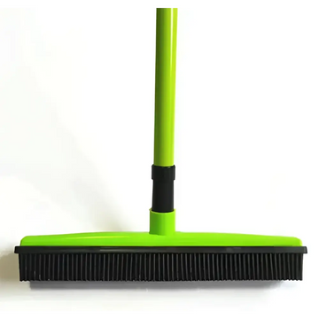 Bright green pet hair removal broom with black rubber bristles and grip section for effective hair removal