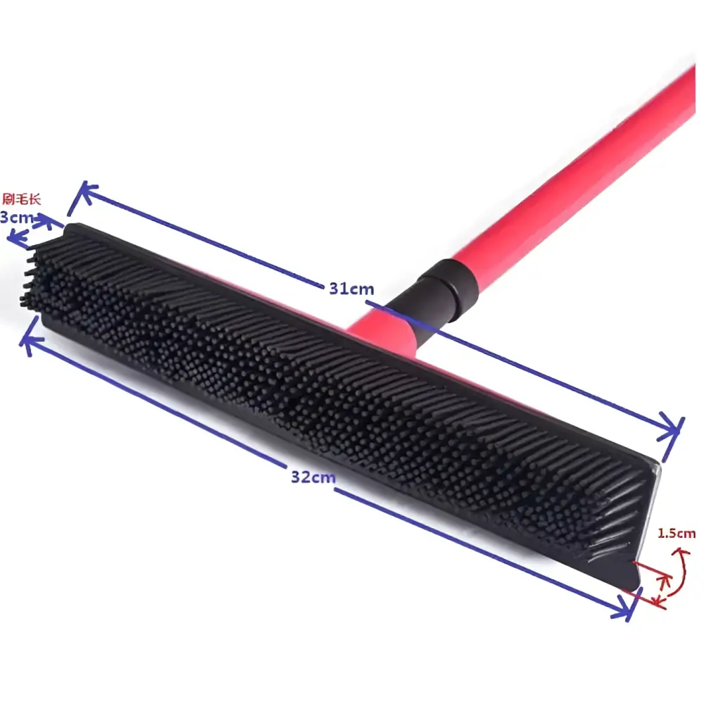 Black rubber-bristled pet hair removal broom squeegee with red handle and washable mop head for effective hair removal