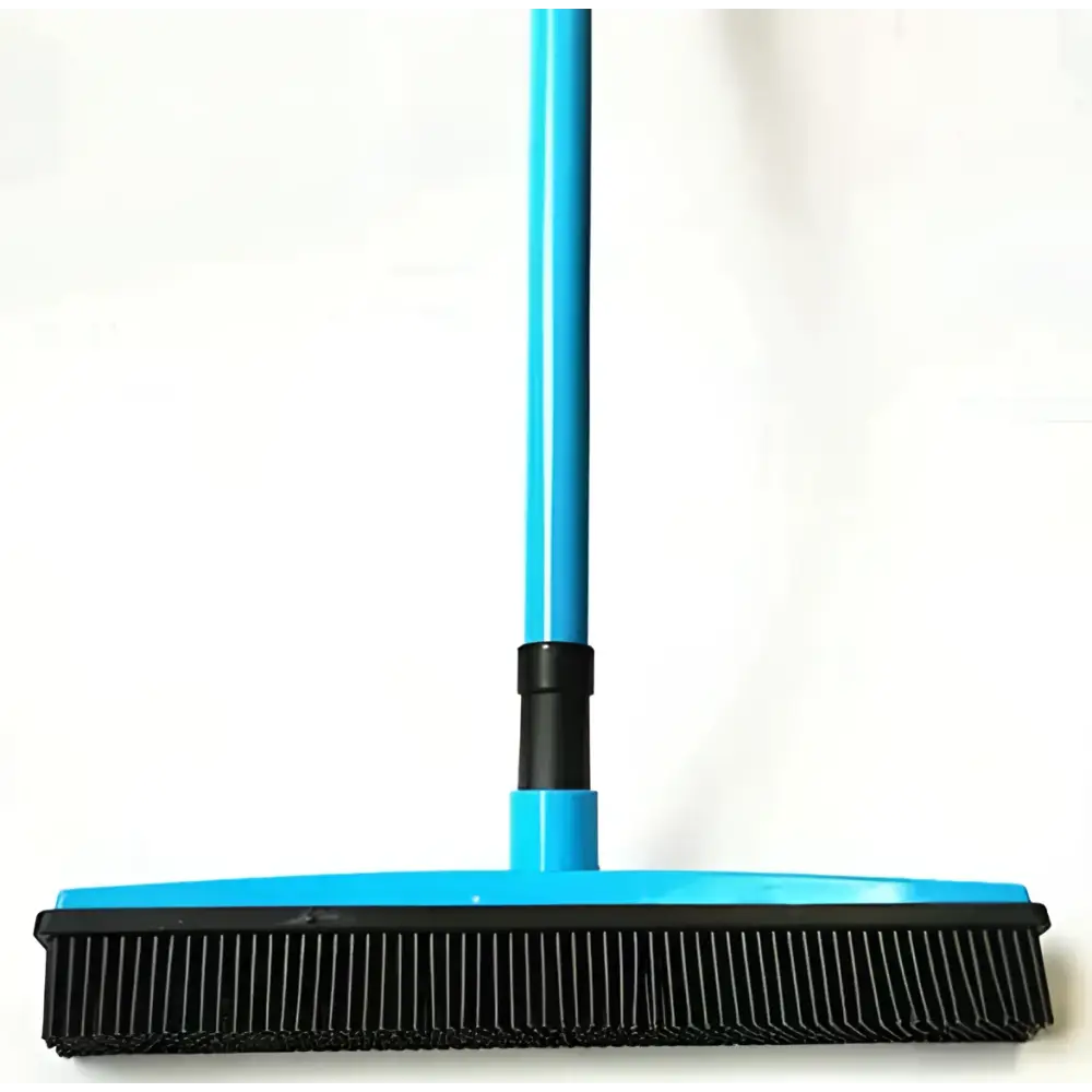 Blue plastic hair removal broom with black bristles designed for pet hair removal and washable mop head use