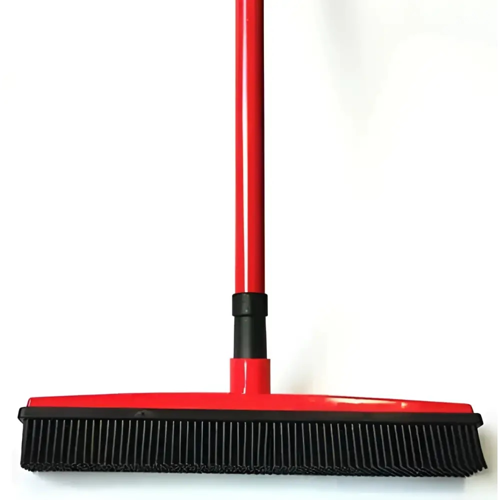 Red and black pet hair removal broom with long handle and flexible bristles featuring a washable mop head for effective cleaning