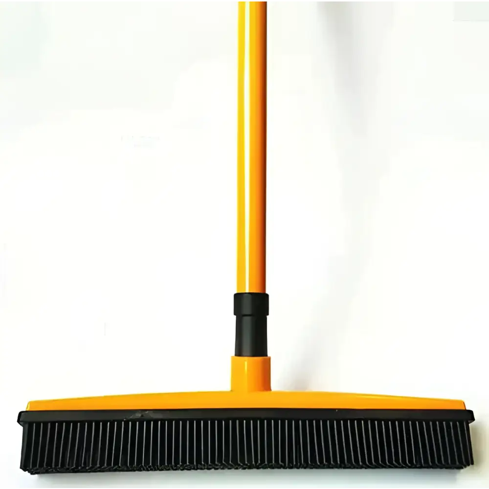 Yellow and black hair removal broom with long handle and dense bristles for pet hair removal and washable mop head use