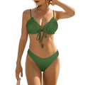 Green ruched tie front womens triangle bikini top with adjustable low waisted design for a secure fit