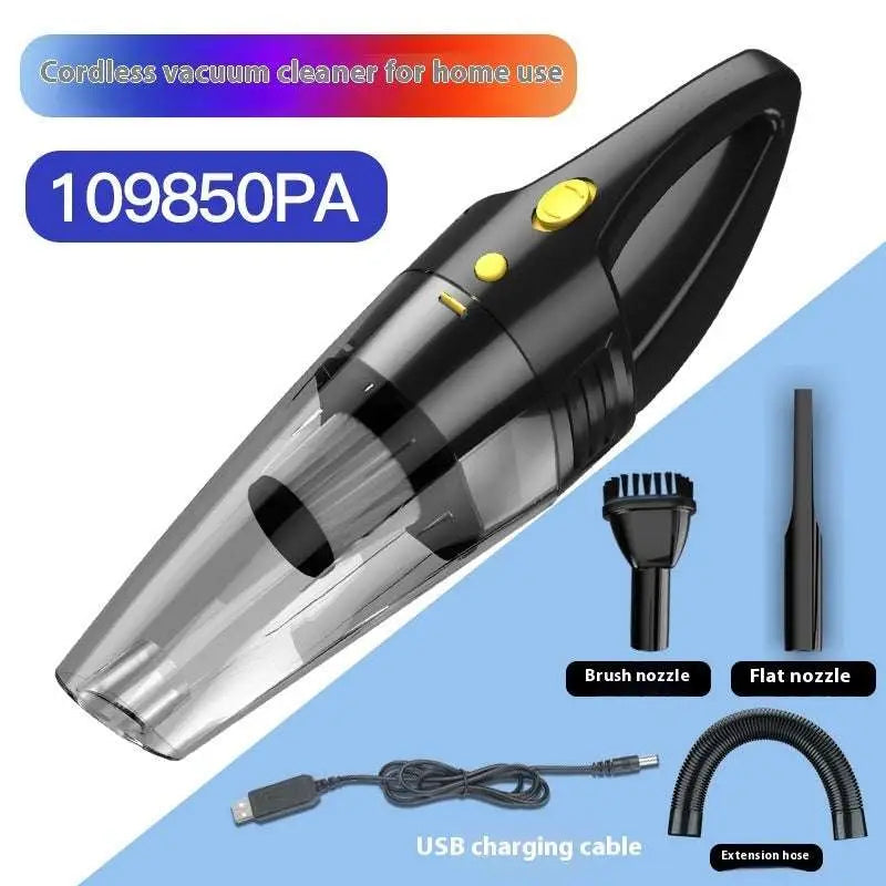 Black and transparent cordless wireless car vacuum cleaner with yellow buttons model 109850pa for household use