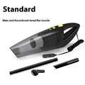 Black and transparent wireless car vacuum cleaner with yellow buttons including main unit hose and attachments for household use