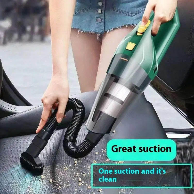 Green and black small wireless car vacuum cleaner with flexible hose for household and vehicle cleaning tasks