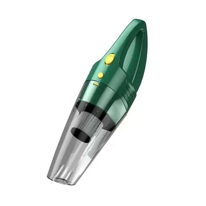 Green small wireless car vacuum cleaner with hose featuring transparent dust chamber and yellow accent buttons