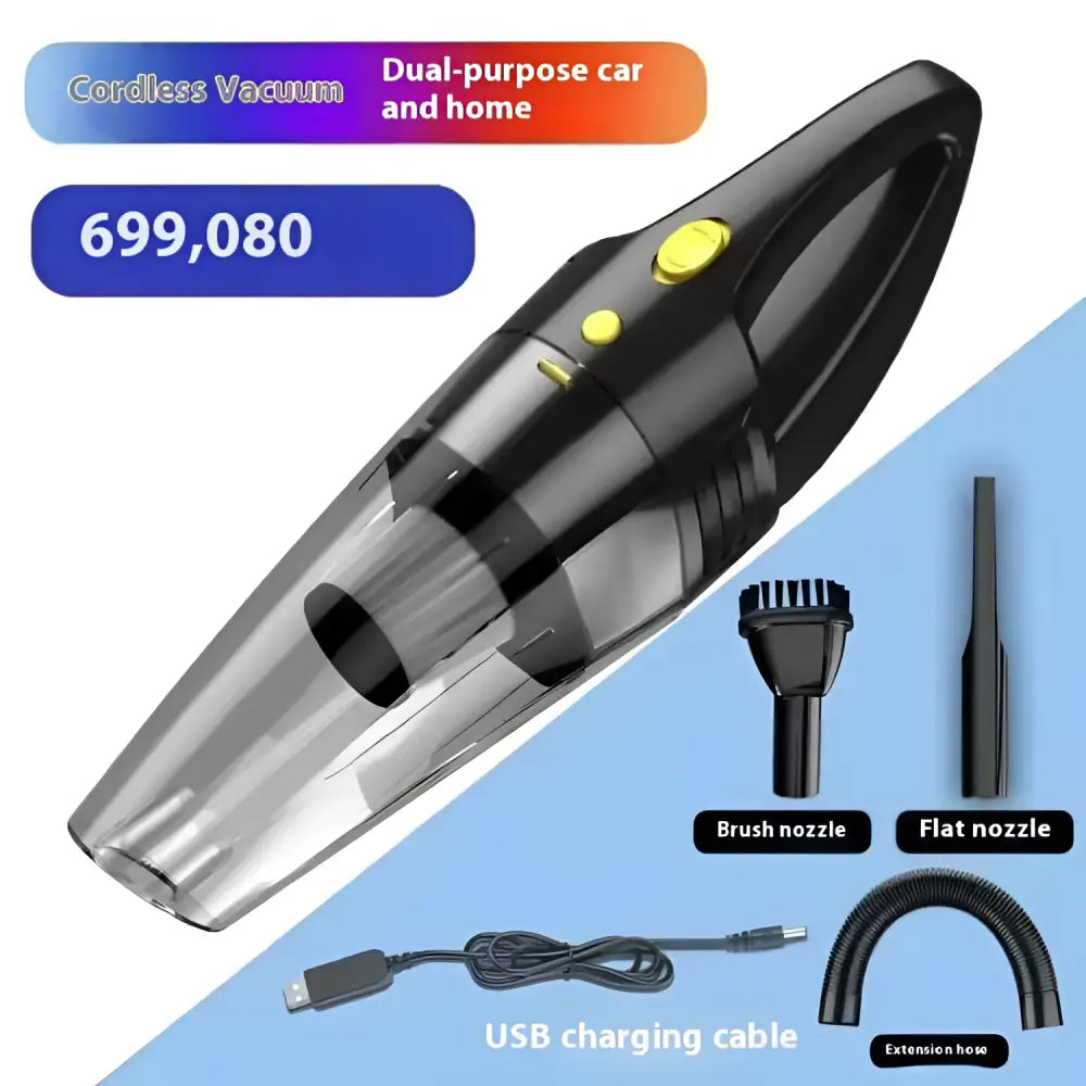 Black and transparent cordless wireless car vacuum with yellow buttons designed for dual-purpose car and household use