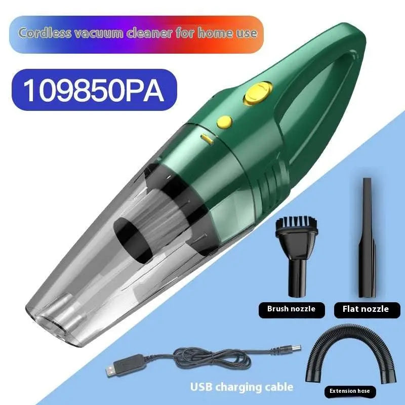 Green cordless handheld wireless car vacuum cleaner with transparent dust chamber and yellow power buttons for household use