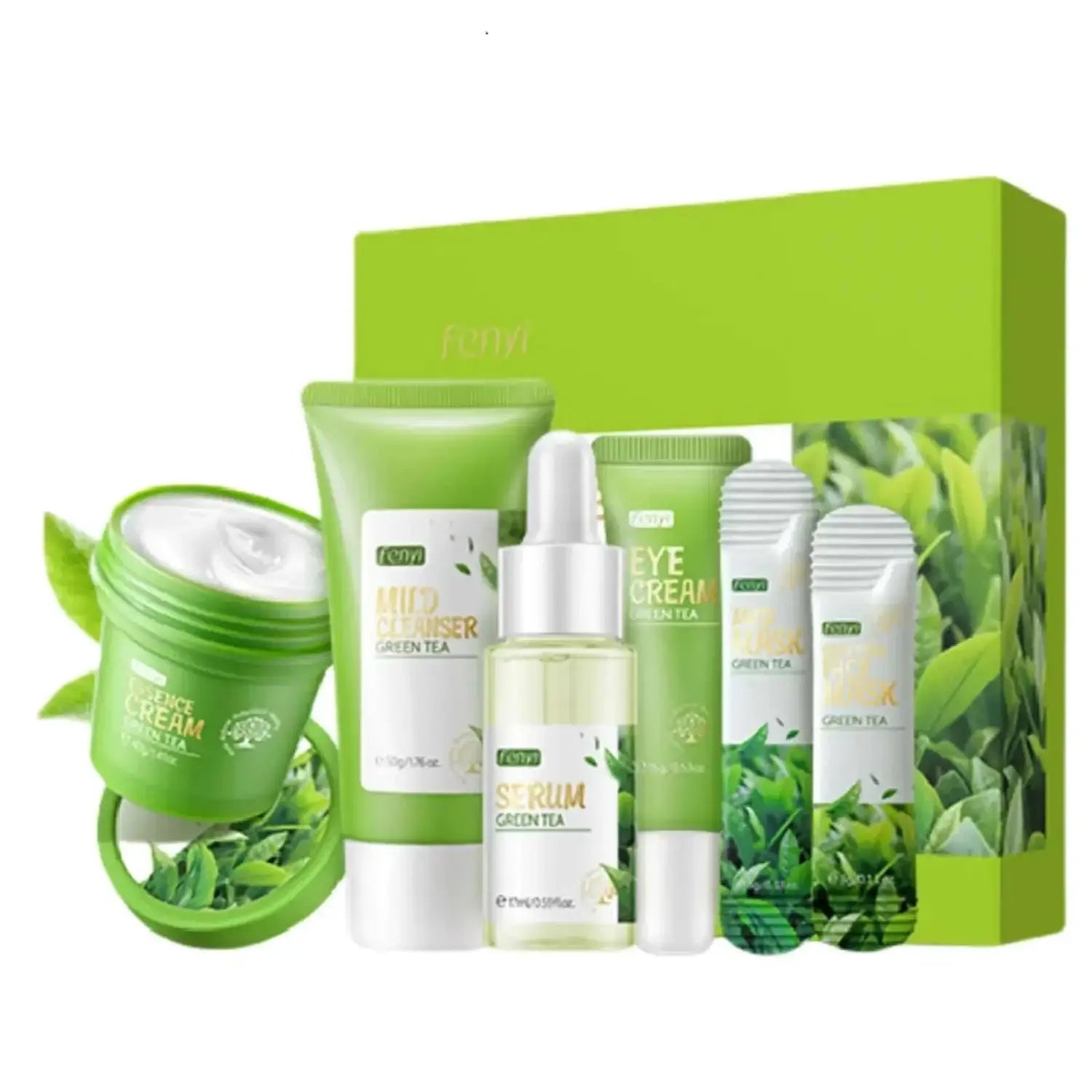 green tea skincare gift set for healthy skin featuring a vibrant lime-green box and matching containers with white labels including essence cream jar mud cleanser tube serum dropper eye cream and travel-sized green tea packs.