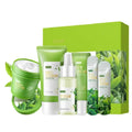 Green tea skincare set with serum face cream and mud cleanser in lime-green packaging for revitalizing skincare rituals