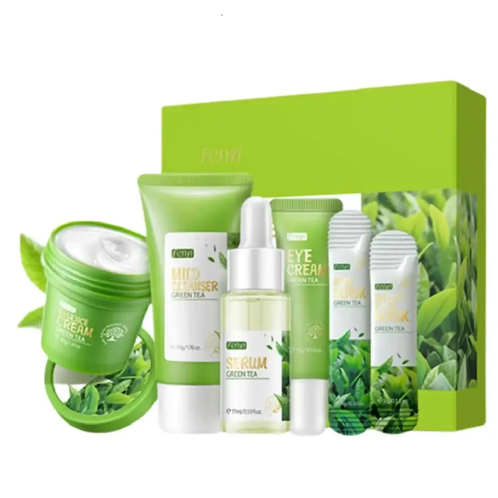 Green tea skincare set with serum face cream in vibrant lime green box including cleanser cream eye cream and travel packs