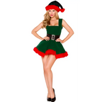 Festive green velvet vest skirt nightclub Christmas costume featuring fringed hem, black belt buckle, and matching hat