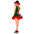 A festive green velvet vest skirt nightclub christmas costume featuring a plush fur-trimmed skirt and matching hat