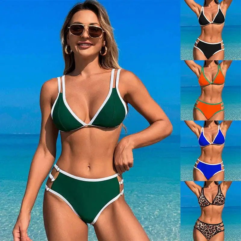 Green white bikini fashion split two-piece set with triangle top and high-waisted bottoms with side ties