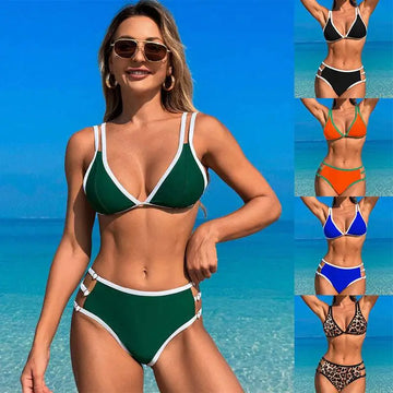 Green white bikini fashion split two-piece set with triangle top and high-waisted bottoms with side ties