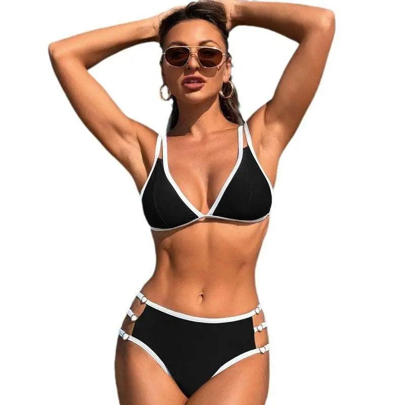 Black and white white two-piece bikini fashion split with triangle top and high-waisted green white bikini bottoms