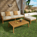 Beige cushioned grenada l shape sofa set with acacia wood frame and two mustard yellow patterned throw pillows