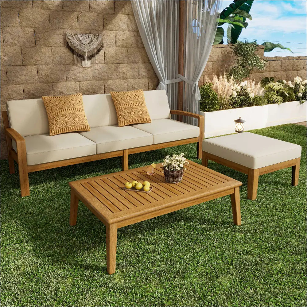 Beige cushioned grenada l shape sofa set with acacia wood frame and two mustard yellow patterned throw pillows