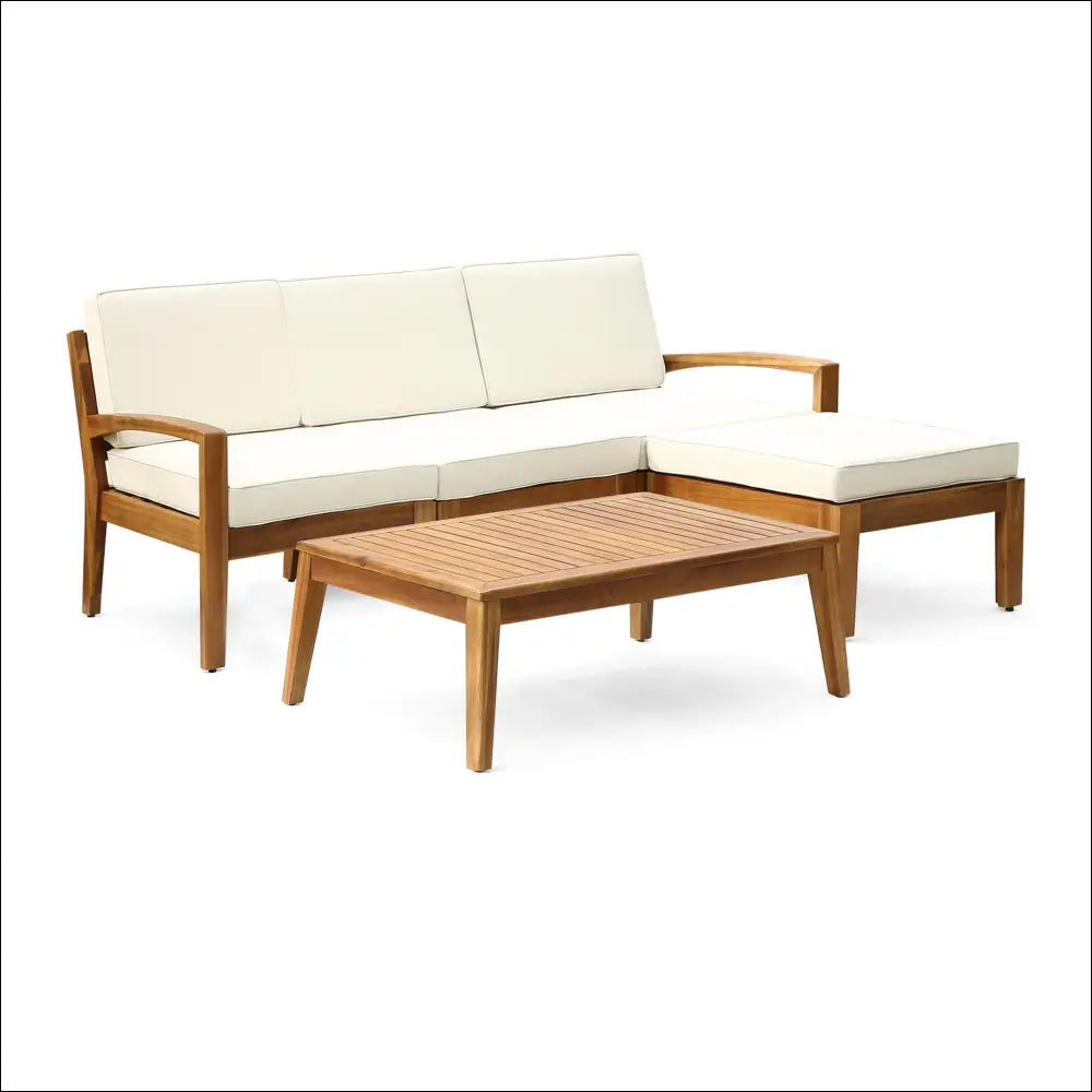 Beige cushioned Grenada L shape sofa set featuring acacia wood frame and matching slatted coffee table for outdoor use