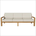 Beige cushioned outdoor Grenada l shape sofa set with light acacia wood frame and armrests for comfortable seating