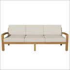 Beige cushioned outdoor Grenada l shape sofa set with light acacia wood frame and armrests for comfortable seating