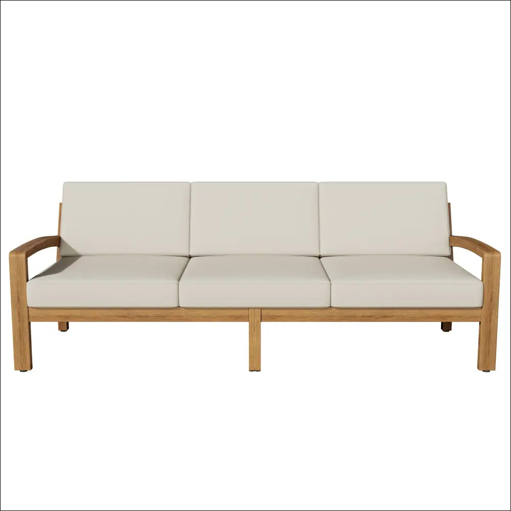Beige cushioned outdoor Grenada l shape sofa set with light acacia wood frame and armrests for comfortable seating
