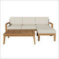 Beige cushioned Grenada L shape sofa set with acacia wood frame and matching slatted coffee table for outdoor use