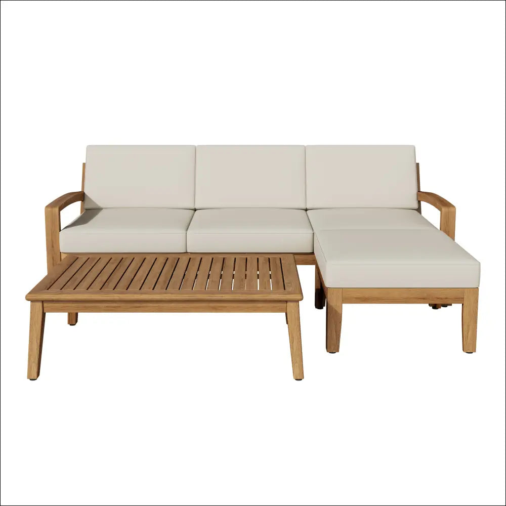 Beige cushioned Grenada L shape sofa set with acacia wood frame and matching slatted coffee table for outdoor use