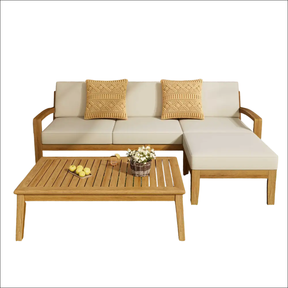 Beige grenada l shape sofa set with acacia wood frame and two mustard-yellow knitted throw pillows for outdoor use