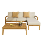 Beige grenada l shape sofa set with acacia wood frame and two mustard-yellow knitted throw pillows for outdoor use