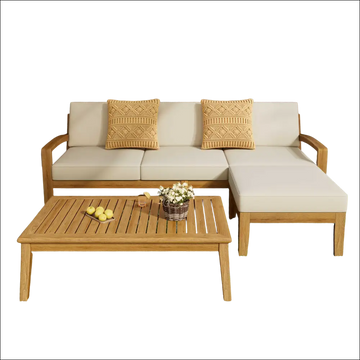 Beige grenada l shape sofa set with acacia wood frame and two mustard-yellow knitted throw pillows for outdoor use