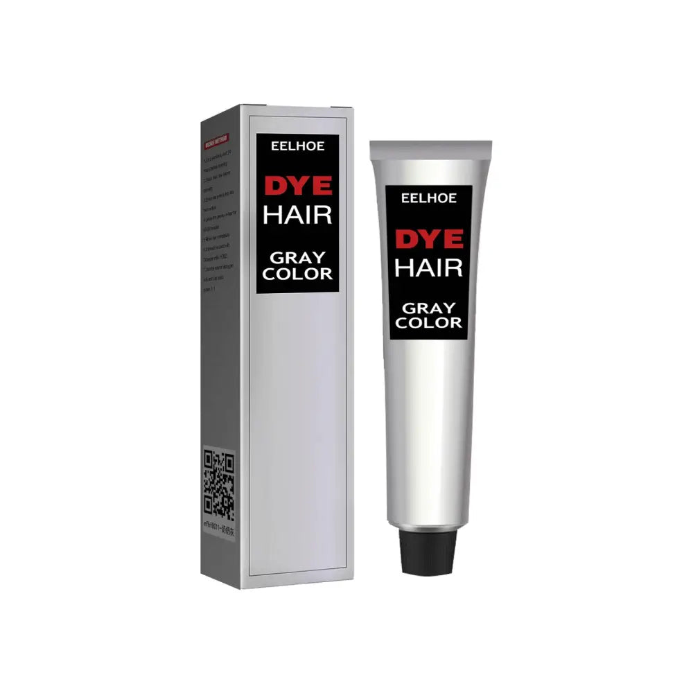 Silver tube of eelhoe hair conditioner with matching box for grey hair coloring and long wavy silver tones