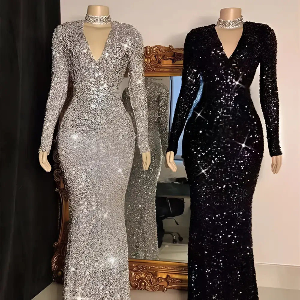 Silver and black long sleeve sequin mermaid evening dress with deep v neckline for formal occasions