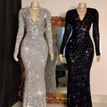 Silver and black long sleeve sequin mermaid evening dress with deep v neckline for formal occasions