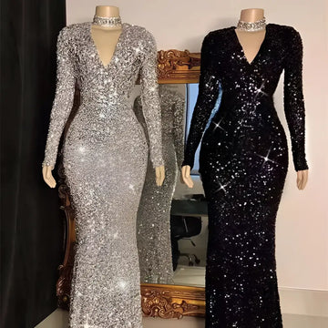 Silver and black long sleeve sequin mermaid evening dress with deep v neckline for formal occasions