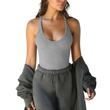 Grey ribbed women yoga gym racerback tank top with scoop neckline and elastic waistband for workout comfort