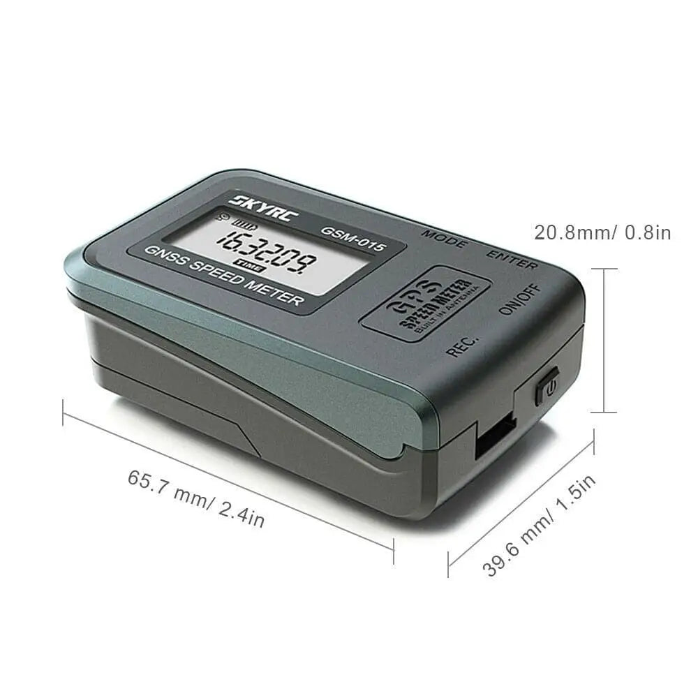 Gray gsm-015 gnss speedometer with digital display showing 16.3209 mph and labeled mode enter on off and record buttons