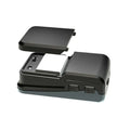 Black plastic gsm-015 gnss speedometer with hinged lid and two labeled buttons to receive gps signals and display speed
