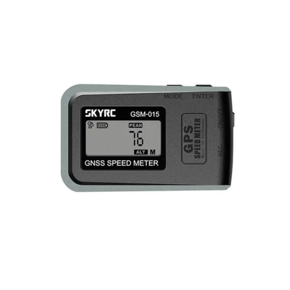 Gray skyrc gsm-015 gnss speedometer with digital display showing peak speed and altitude to receive gps data