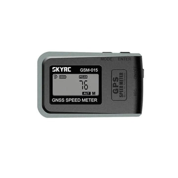 Gray skyrc gsm-015 gnss speedometer with digital display showing peak speed and altitude to receive gps data